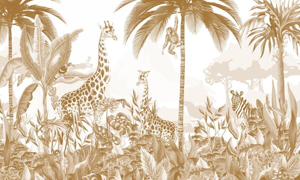 Carta da parati Carta da parati con giraffe e zebre, Carta da parati Giungla, Carta da parati popolare, u73542 - Tapeko.it