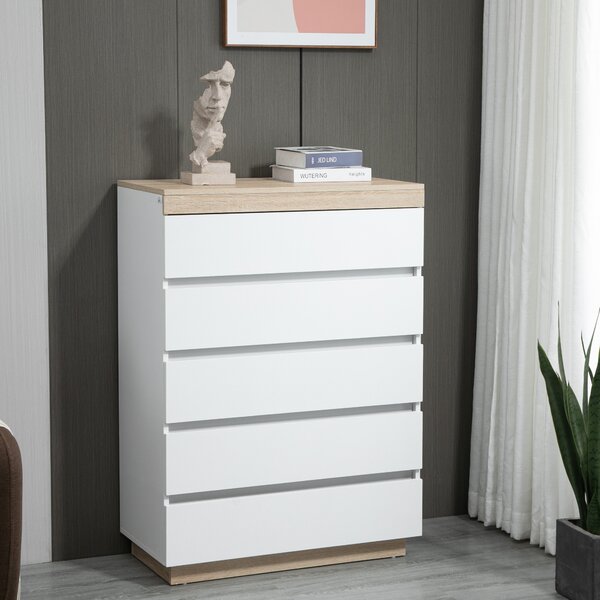 HOMCOM Cassettiera Legno 5 Cassetti Minimal con guida in metallo, per camere, soggiorni e corridoi, 80x40x109 cm, Bianco e color Rovere| Aosom Italy