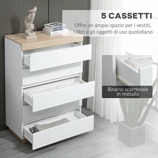 HOMCOM Cassettiera Legno 5 Cassetti Minimal con guida in metallo, per camere, soggiorni e corridoi, 80x40x109 cm, Bianco e color Rovere| Aosom Italy