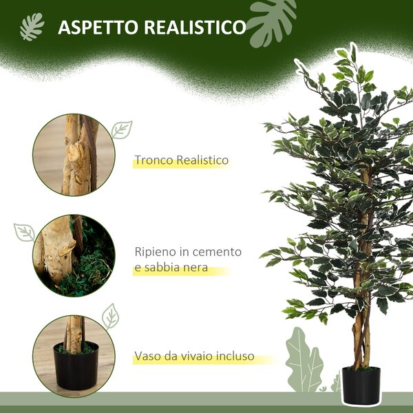 HOMCOM Pianta Artificiale di Fico da 130 cm a 702 Foglie e 3 Tronchi con Vaso Ø15x12.5 cm, per Interni ed Esterni, Verde e Bianco|Aosom