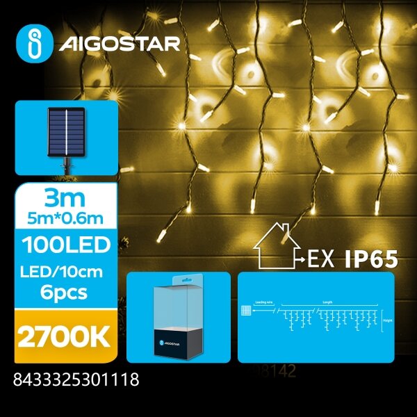 Aigostar - Catena solare LED 100xLED/8 funzioni 8x0,6m IP65 bianco caldo