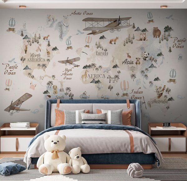 Carta da parati Mappa del mondo con animali e uccelli, Carta da parati per Bambini, Carta da parati popolare, u73882 - Tapeko.it