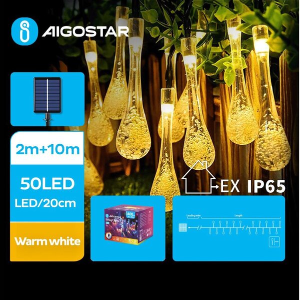 Aigostar - LED Solare catena decorativa 50xLED/8 funzioni 12m IP65 bianco caldo