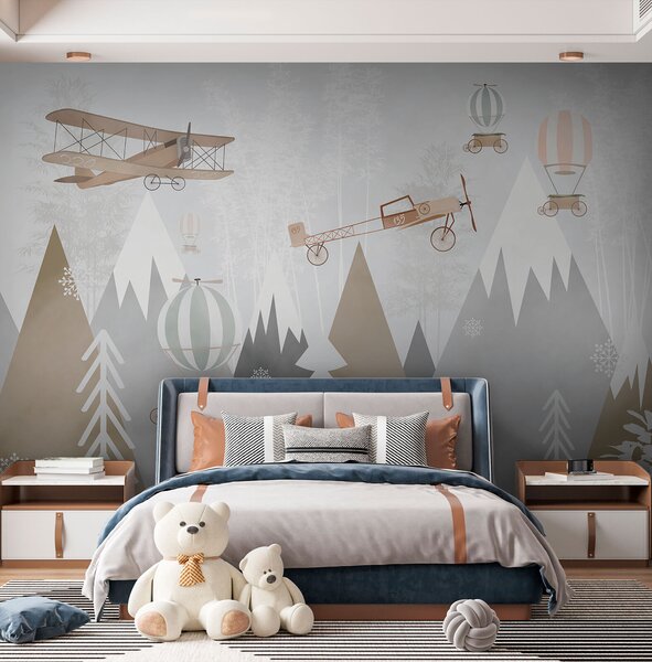 Carta da parati Murale con aerei e mongolfiere in volo sulle montagne, Carta da parati per Bambini, Carta da parati popolare, u73961 - Tapeko.it