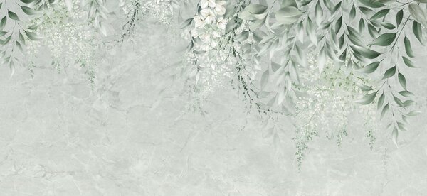 Carta da parati Fiori bianchi e foglie verdi su sfondo bianco, Carta da parati 3d, Carta da parati popolare, u73982 - Tapeko.it