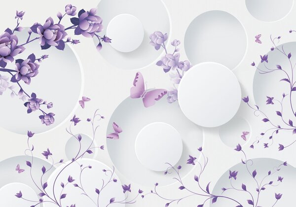Carta da parati Fiori viola e cerchi bianchi con farfalle viola, Carta da parati 3d, Carta da parati popolare, u74482 - Tapeko.it