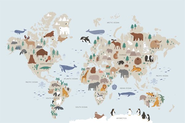 Carta da parati Mappa del mondo con animali, Carta da parati per Bambini, Carta da parati popolare, u74435 - Tapeko.it