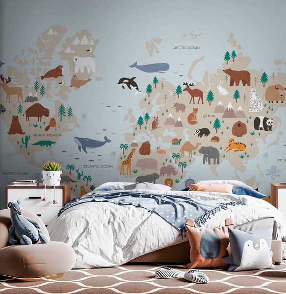 Carta da parati Mappa del mondo con animali, Carta da parati per Bambini, Carta da parati popolare, u74435 - Tapeko.it