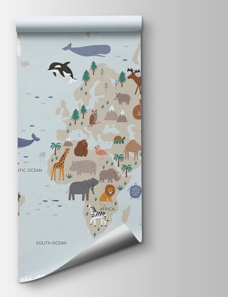 Carta da parati Mappa del mondo con animali, Carta da parati per Bambini, Carta da parati popolare, u74435 - Tapeko.it