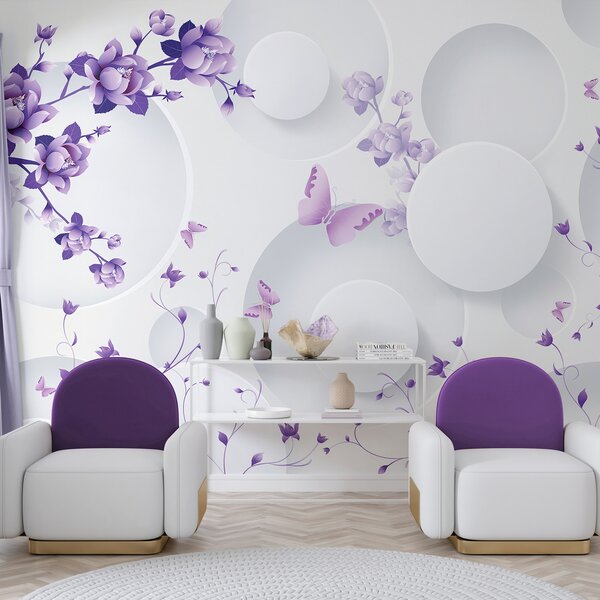 Carta da parati Fiori viola e cerchi bianchi con farfalle viola, Carta da parati 3d, Carta da parati popolare, u74482 - Tapeko.it