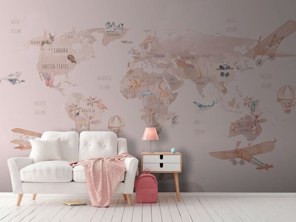 Carta da parati Mappa del mondo con animali e uccelli, Carta da parati per Bambini, Carta da parati popolare, u74508 - Tapeko.it