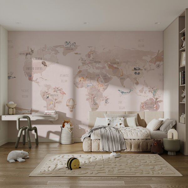 Carta da parati Mappa del mondo con animali e uccelli, Carta da parati per Bambini, Carta da parati popolare, u74508 - Tapeko.it