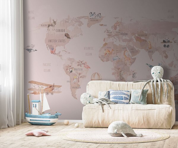 Carta da parati Mappa del mondo con animali e uccelli, Carta da parati per Bambini, Carta da parati popolare, u74508 - Tapeko.it