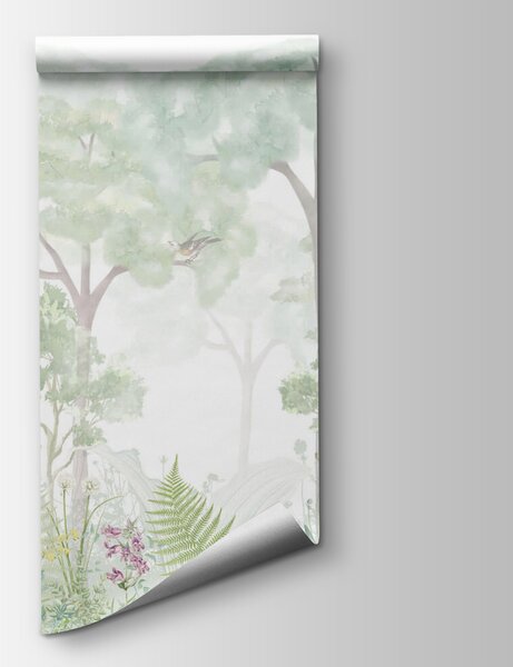 Carta da parati Carta da parati con alberi e piante, Carta da parati acquerello sul muro, Carta da parati popolare, u74501 - Tapeko.it