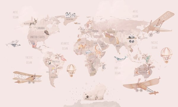 Carta da parati Mappa del mondo con animali e uccelli, Carta da parati per Bambini, Carta da parati popolare, u74508 - Tapeko.it