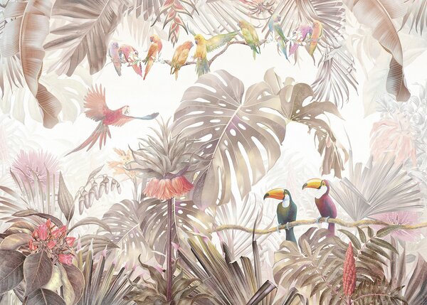 Carta da parati Gruppo di uccelli su un ramo circondato da piante tropicali, Carta da parati animali, Carta da parati popolare, u74490 - Tapeko.it
