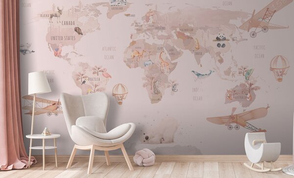 Carta da parati Mappa del mondo con animali e uccelli, Carta da parati per Bambini, Carta da parati popolare, u74508 - Tapeko.it