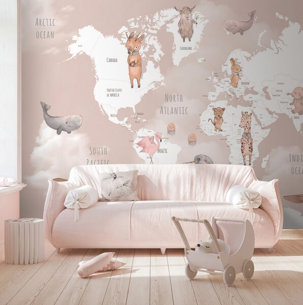Carta da parati Mappa del mondo con animali, Carta da parati per Bambini, Carta da parati popolare, u74511 - Tapeko.it