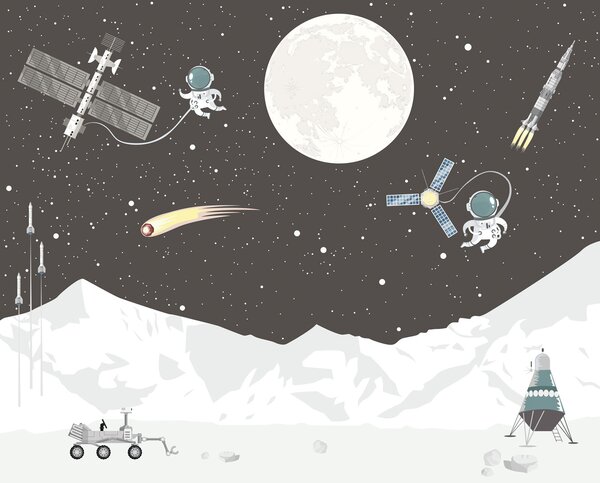 Carta da parati Scena spaziale con luna e satellite, Carta da parati per Ragazzo, Carta da parati popolare, u74600 - Tapeko.it