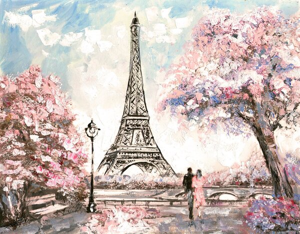 Carta da parati Pittura di una torre con fiori rosa, Carta da parati citta, Carta da parati popolare, u74631 - Tapeko.it