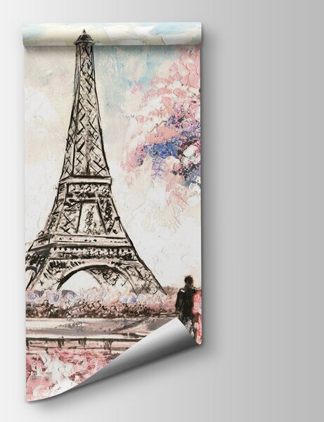 Carta da parati Pittura di una torre con fiori rosa, Carta da parati citta, Carta da parati popolare, u74631 - Tapeko.it