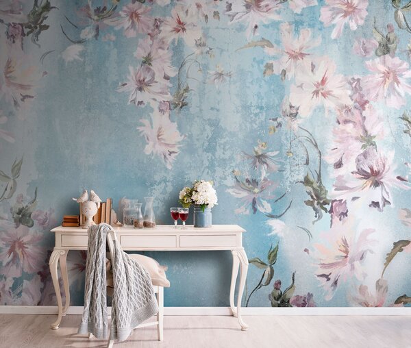 Carta da parati Fiori bianchi e rami su uno sfondo blu, Carta da parati Floreale, u74733 : Uwalls.it