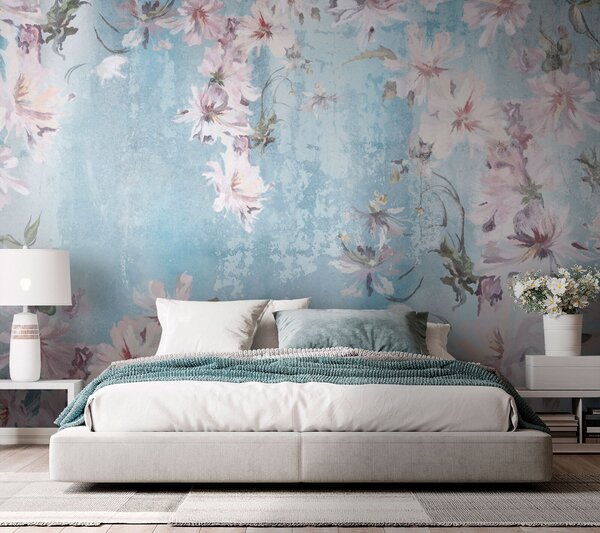 Carta da parati Fiori bianchi e rami su uno sfondo blu, Carta da parati Floreale, u74733 : Uwalls.it