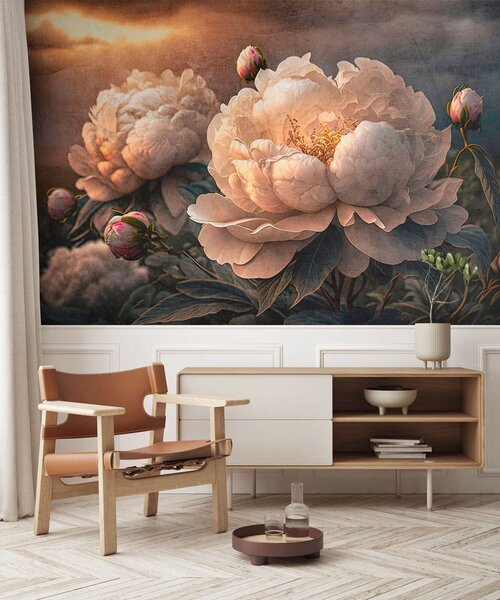 Carta da parati Belle peonie bianche sotto i raggi del tramonto, Carta da parati Floreale, u74774 : Uwalls.it