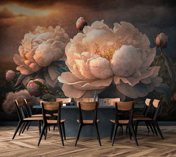 Carta da parati Belle peonie bianche sotto i raggi del tramonto, Carta da parati Floreale, u74774 : Uwalls.it