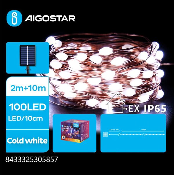 Aigostar - Catena solare a LED 100xLED/8 funzioni 12m IP65 bianco freddo