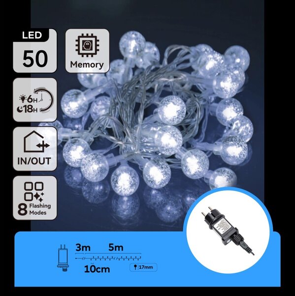 Aigostar - Catena luminosa LED per esterni 50 LED, 8 funzioni, 8 m, IP44, bianco freddo