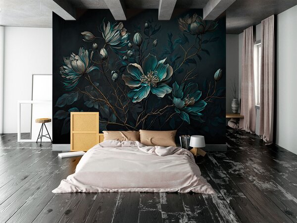 Carta da parati Pittura di fiori su sfondo nero, Carta da parati 3d fiori, Carta da parati popolare, u75406 - Tapeko.it