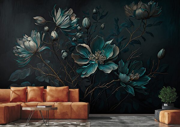 Carta da parati Pittura di fiori su sfondo nero, Carta da parati 3d fiori, Carta da parati popolare, u75406 - Tapeko.it