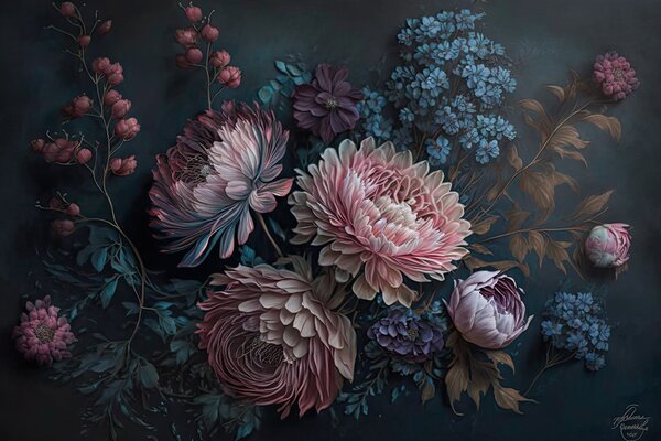 Carta da parati Pittura di fiori su sfondo scuro, Carta da parati 3d fiori, Carta da parati popolare, u75407 - Tapeko.it