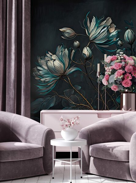 Carta da parati Pittura di fiori su sfondo nero, Carta da parati 3d fiori, Carta da parati popolare, u75406 - Tapeko.it