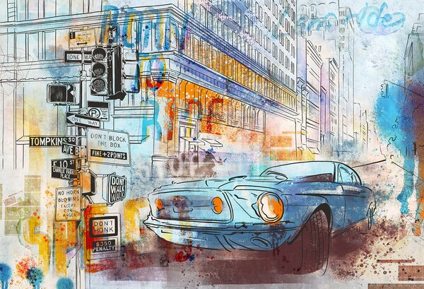 Carta da parati Disegno di un'auto all'angolo della strada, Carta da parati per Bambini, Carta da parati popolare, u75814 - Tapeko.it