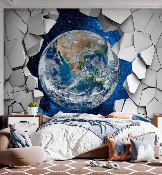 Carta da parati Il pianeta Terra che sfonda un buco nel muro, Carta da parati 3d, Carta da parati popolare, u77808 - Tapeko.it