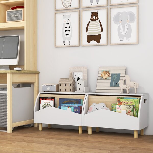 Costway Scatola dei giocattoli in legno con ripiano espositivo, Libreria per bambini con cerniera di sicurezza Binaco