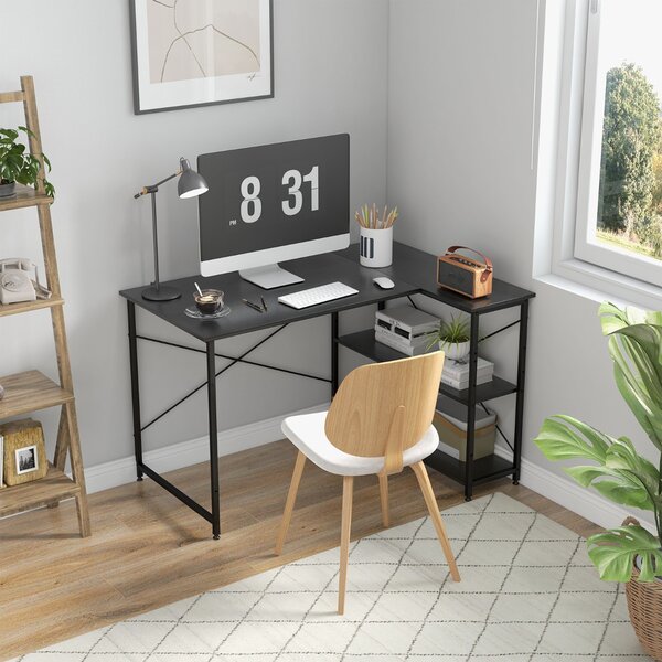 Costway Scrivania angolare 120cm con 2 ripiani, Scrivania per computer ad angolo da ufficio reversibile salvaspazio Nero