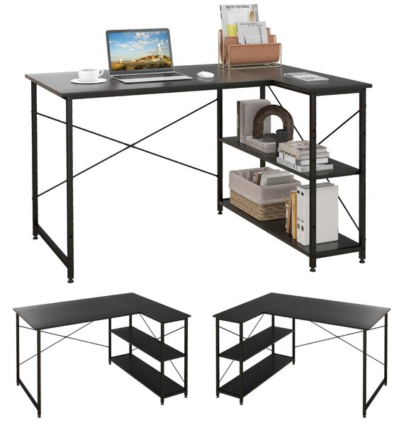 Costway Scrivania angolare 120cm con 2 ripiani, Scrivania per computer ad angolo da ufficio reversibile salvaspazio Nero
