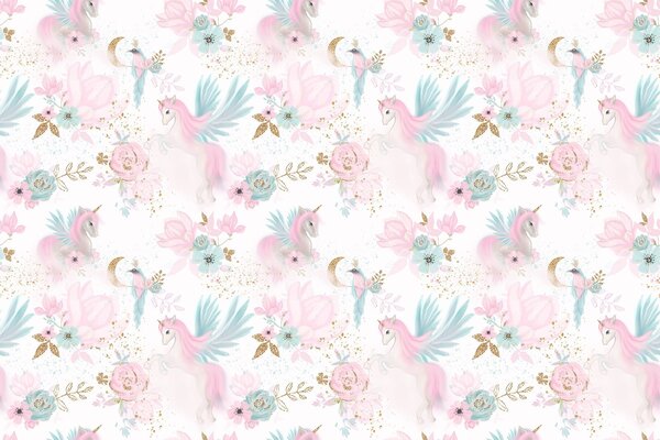 Carta da parati Motivo di unicorni e fiori rosa e blu, Carta da parati per Bambini, Carta da parati popolare, u78494 - Tapeko.it