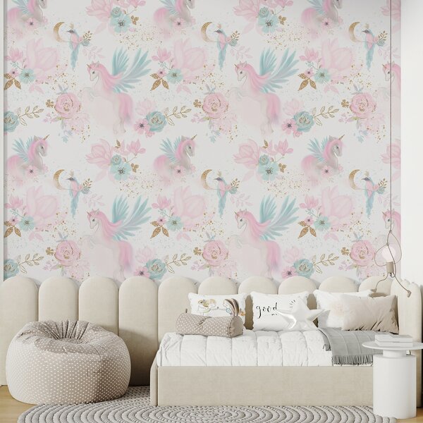 Carta da parati Motivo di unicorni e fiori rosa e blu, Carta da parati per Bambini, Carta da parati popolare, u78494 - Tapeko.it