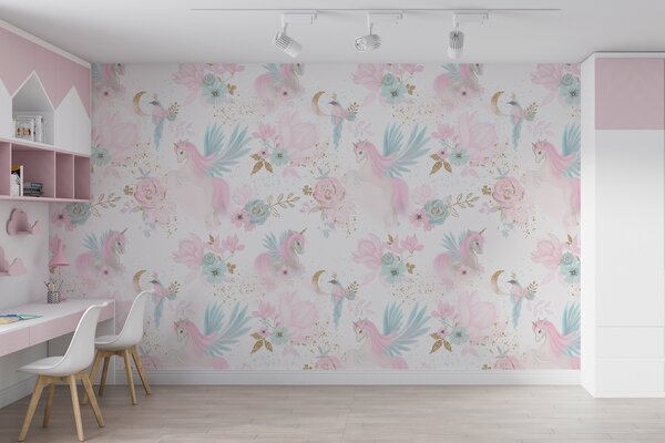 Carta da parati Motivo di unicorni e fiori rosa e blu, Carta da parati per Bambini, Carta da parati popolare, u78494 - Tapeko.it