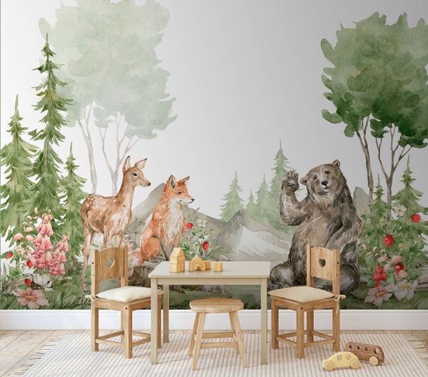 Carta da parati Acquerello di animali nella foresta, Carta da parati per Bambini, Carta da parati popolare, u78735 - Tapeko.it