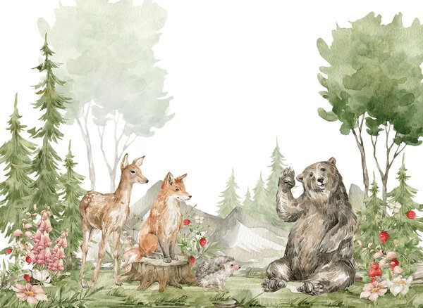 Carta da parati Acquerello di animali nella foresta, Carta da parati per Bambini, Carta da parati popolare, u78735 - Tapeko.it