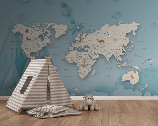 Carta da parati Mappa del mondo, Carta da parati per Bambini, Carta da parati popolare, u79831 - Tapeko.it