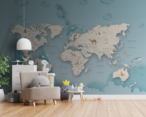 Carta da parati Mappa del mondo, Carta da parati per Bambini, Carta da parati popolare, u79831 - Tapeko.it