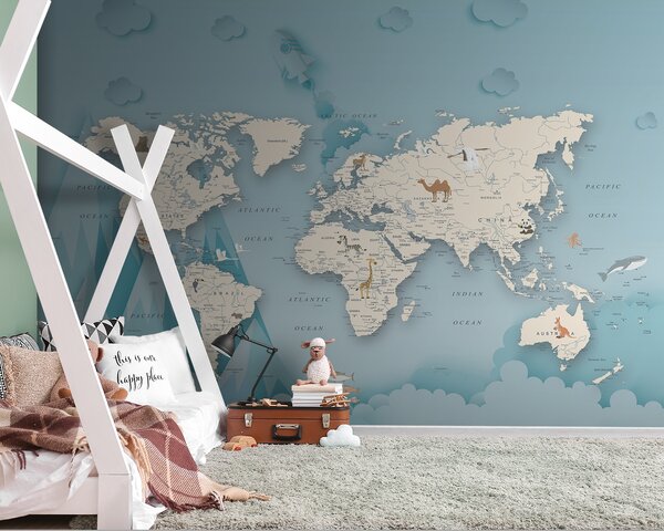 Carta da parati Mappa del mondo, Carta da parati per Bambini, Carta da parati popolare, u79831 - Tapeko.it