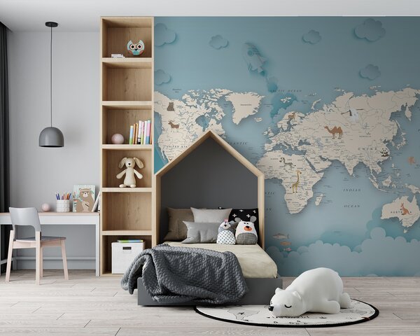Carta da parati Mappa del mondo, Carta da parati per Bambini, Carta da parati popolare, u79831 - Tapeko.it