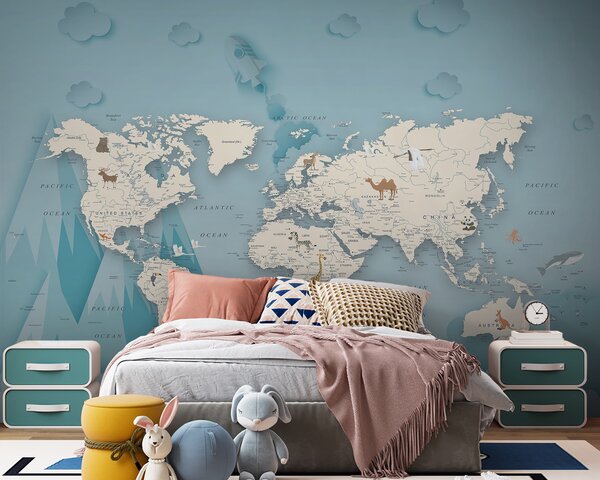Carta da parati Mappa del mondo, Carta da parati per Bambini, Carta da parati popolare, u79831 - Tapeko.it